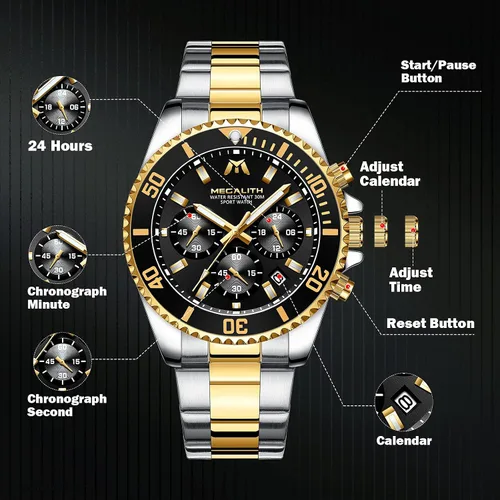 Vista 6 de MEGALITH Relojes para hombre, acero inoxidable, impermeable, analógico, de cuarzo, cronógrafo, de negocios, para hombres, fecha automática