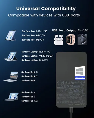 Vista 2 de Cargador de superficie 102W para Microsoft Surface Charger 102W 65W 44W 39W 36W para Microsoft Surface Book 1-3, Surface LaptopStudio 1-2, Surface