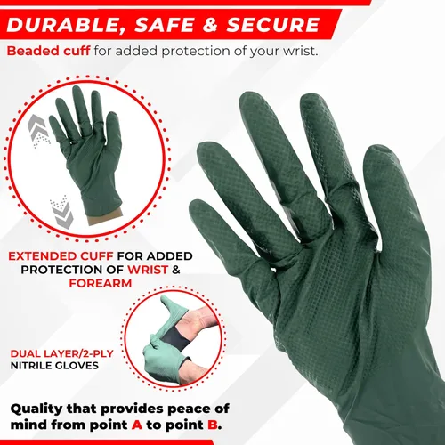 Vista 4 de Guantes industriales de nitrilo de 2 capas de 8.5 milésimas de pulgada de grosor, desechables, resistentes a desgarros, textura de diamante elevado