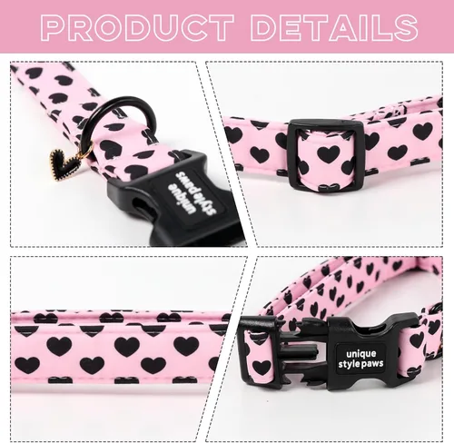 Vista 3 de Collar de perro de estilo único Valentine con hebilla de plástico y colgante en forma de corazón de amor en negro y rosa, collares de algodón