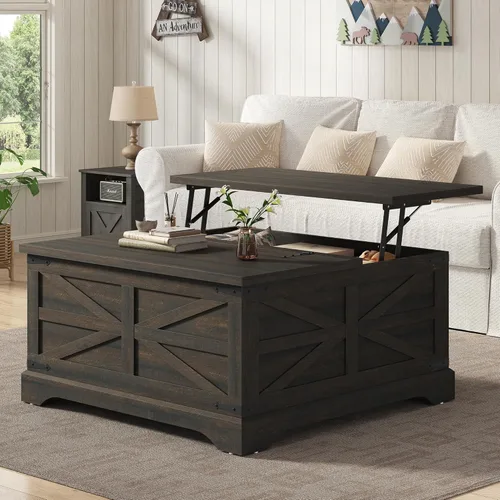 Vista 11 de Furnideco - Mesa de centro cuadrada de 35.5'' de ancho con tapa elevable, mesa de centro de granja con almacenamiento oculto, mesa central de madera