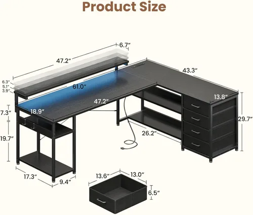 Vista 3 de AODK 61" L Shaped Desk with Drawer, Computer Desk with Power Outlets & LED Lights, Reversible Corner Gaming Desk for Home Office Workstation, Office