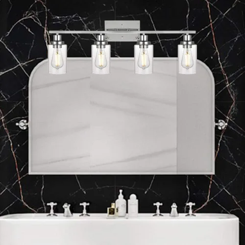 Vista 3 de MELUCEE Luminarias de baño de 4 luces con pantalla de vidrio transparente acabado cromado, luz de tocador moderna lámpara de montaje en pared