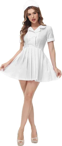 Vestido plisado para mujer, vestido de cuello de muñeca para adultos, disfraz de alto rendimiento, vestido gótico negro (blanco, XL)