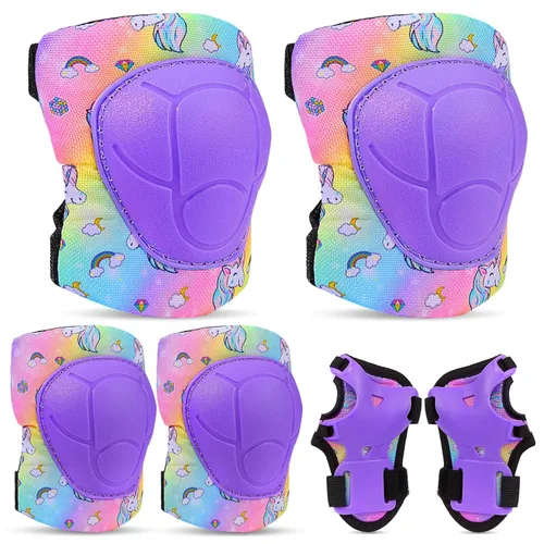 Vista 11 de FIODAY Rodilleras para niños, conjunto de equipo de protección ajustables para niños, rodilleras y coderas con protector de muñeca para niñas
