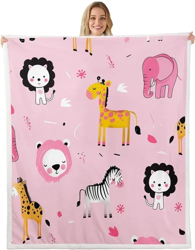 Cartoon Animal Throw Flannel Blanket,Giraffe Zebra Lion Elephant Fleece Throw Blanket for Home Decor Sofa Couch,Pink Romantic Fleece Blanket,40"x50"