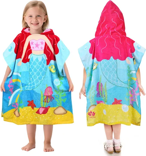 Tirrinia Toalla de poncho de sirena para niños, toallas con capucha para niñas de 2 a 7 años, regalo de 24 x 52 pulgadas, 100% algodón