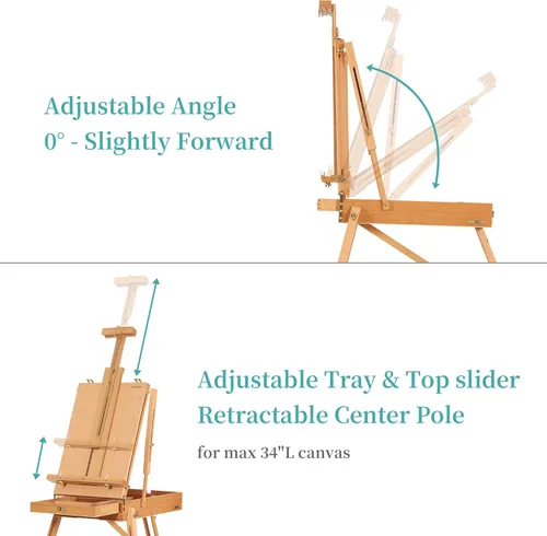 Vista 6 de VISWIN Caballete francés para pintar con paleta, correa para el hombro y almacenamiento, caballete de madera de haya ajustable para viajes