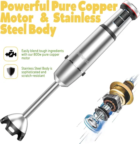 Vista 3 de Licuadora de mano de inmersión, 800 W, resistente a los arañazos, batidora de mano de acero inoxidable de 21 velocidades, batidora de mano con motor