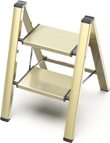 Vista 20 de GameGem Escalera de 2 escalones, taburete plegable de aluminio de 2 escalones con pedal antideslizante resistente y ancho, escalera portátil ligera