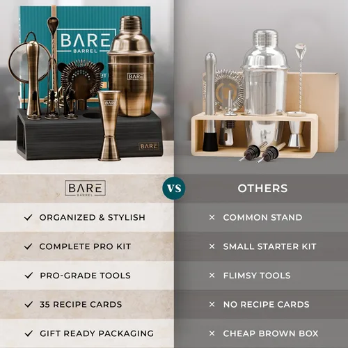 Vista 6 de BARE BARREL Mixology Bartender Kit Bar Set Juego de coctelera de 14 piezas Herramientas de mezcla de Martini Barware para el hogar Incluye 35