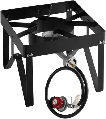 Vista 6 de Estufa de gas de campamento, estufa de patio al aire libre, quemador doble de acero resistente con protector de manguera y estantes laterales, rango