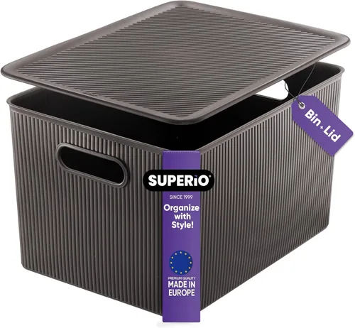 Vista 10 de Superio Ribbed Collection - Cesta decorativa de plástico con tapa para el hogar, color marrón medio (paquete de 1 unidad, 5 litros), caja apilable