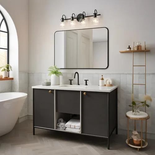 Vista 2 de KSANA Lámparas de baño negras, 4 luces modernas de casa de campo negras con pantalla de vidrio transparente sobre espejo para pasillo, cocina