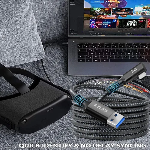 Vista 5 de Oculus Quest 2 Link VRrealidad virtual de 20 pies para juegos de PC USB 32 Gen1 5 Gbps tipo C a USB tipo A transferencia de datos de alta velocidad