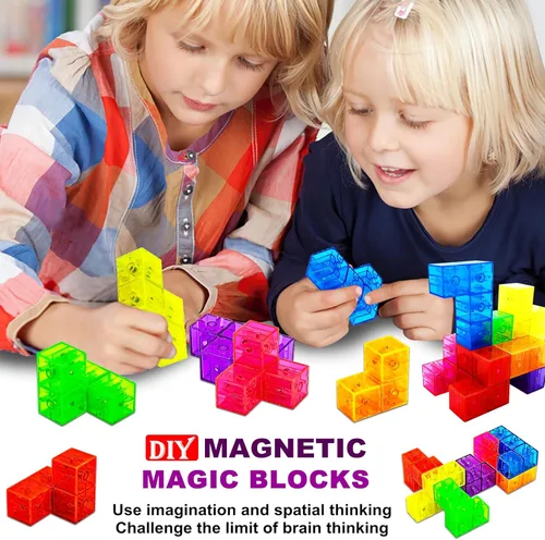 Vista 3 de Bloques de construcción magnéticos, cubos magnéticos 3D, juego de 7 bloques magnéticos de múltiples formas con 54 tarjetas guía, juguetes educativos