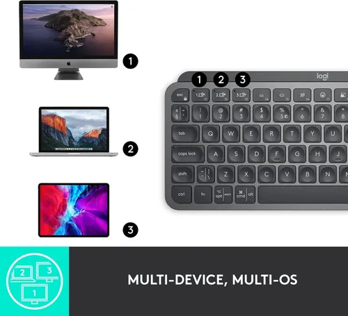 Vista 9 de Logitech MX Keys Mini - Teclado minimalista, iluminado, inalámbrico, compacto, con Bluetooth, retroiluminación, USB-C, compatible con Apple macOS