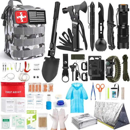 Vista 8 de Survival Kit, 294 Pcs Survival Gear First Aid Kit with Molle System Compatible Bag and Emergency Tent, Emergency Kit for Earthquake, Outdoor