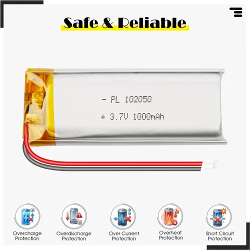 Vista 2 de 102050 3.7V 1000mAh LiPo Batería - Batería recargable de polímero de litio con placa de protección y conector Micro JST 1.25 para dispositivo