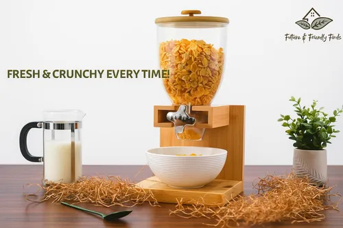 Vista 5 de Future & Friendly Finds Dispensador de cereales de bambú de 2 litros, elegante y duradero, recipiente de almacenamiento hermético para despensa