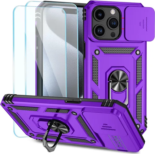 Vista 7 de SunStory Funda compatible con iPhone 15 con protector de pantalla HD, cubierta de cámara deslizante y soporte de anillo giratorio, [grado militar]