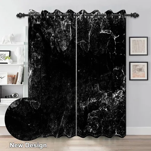 Vista 2 de Renaiss Cortinas opacas de mármol negro, estampado de textura de mármol blanco y negro, cortinas para ventana de dormitorio, arte moderno de lujo