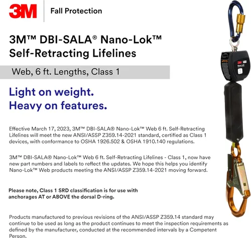 Vista 2 de 3M DBI-SALA Nano-Lok - Línea de vida personal retráctil de doble pierna, gancho para barras de refuerzo de aluminio Web, 3100553, azul, 6 pies
