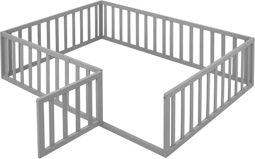 Vista 4 de Cama de plataforma de tamaño matrimonial con valla, marco de cama de piso de madera maciza con puerta, marco de sofá cama de tamaño matrimonial