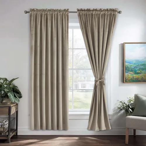 Vista 137 de JIUZHEN Cortinas de terciopelo rosa de 108 pulgadas para sala de estar, cortinas opacas extralargas para dormitorio, bolsillo para barra, protección