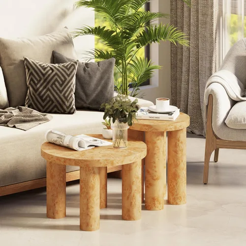 Vista 8 de Aoikax Juego de 2 mesas de centro redondas de madera de granja con acabado de chapa burl, mesas anidables rústicas modernas con patas de pilar