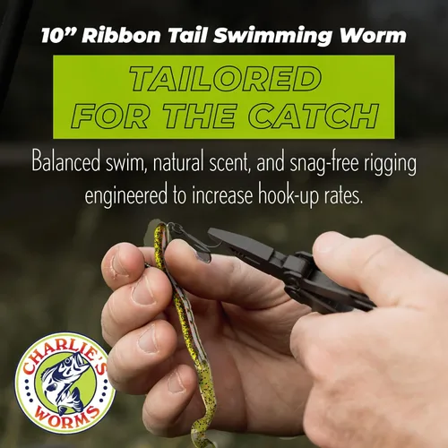 Vista 2 de Charlie's Worms Señuelos artificiales de cebo de pesca de 10 pulgadas con cola de cinta, para agua dulce y salada, con bajo suave, perfumado