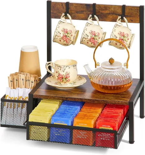 DGWJSU Organizador para bolsas de té, organizador y almacenamiento de té de madera, soporte para bolsa de té con cajón de almacenamiento, 4 ganchos