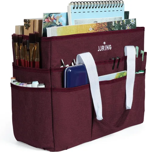 Vista 25 de JJRING Craft Organizer Tote Bag, Art Storage Caddy with Multiple Pockets, Beige Sewing Bag for Art, Craft, Scrapbooking, School, Medical, and Office