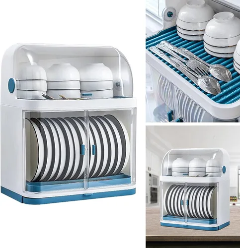 Vista 5 de Escurridor de platos de 2 niveles, tabla de drenaje con tapa, cubierta de plástico para polvo, plato de cocina, vasos, bandeja de secado de platos