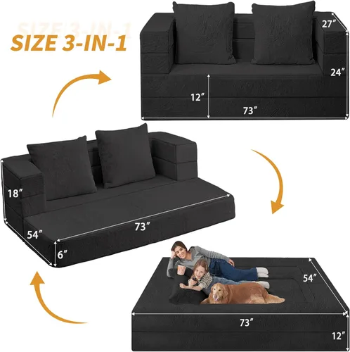 Vista 3 de Futon Sofa Bed with Pillow, 3-in-1 Sleeper Sofa Bed with Removable Cover, Convertible Floor Sofa Bed, No Assembly Boneless Couch for Living Room