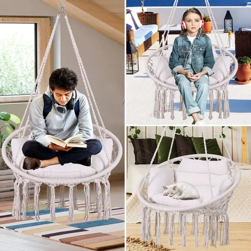 Vista 4 de Goutime - Silla hamaca con columpio colgante de macramé, con cojín y kit de herramientas, columpios boho para adultos para exteriores, patio, Beige
