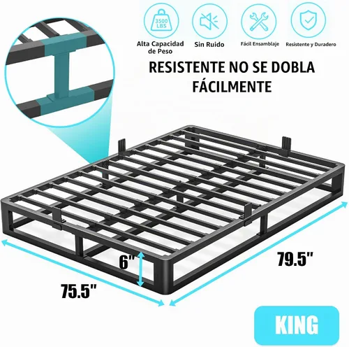 Vista 3 de Firpeesy Base de Cama King de 6 Pulgadas con Bordes de Esquinas Redondeadas, Base de Cama de Plataforma de Metal King de Perfil Bajo con Soporte