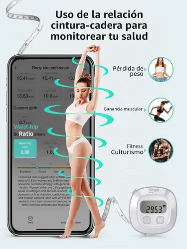 Vista 4 de Slimpal - Cinta métrica inteligente para el cuerpo, cinta métrica para medidas de cintura, brazos, cadera, busto, con aplicación, retráctil 84114