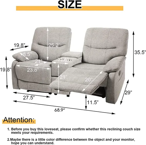 Vista 3 de Sofá reclinable, sofá biplaza reclinable doble con consola, sofá de 2 plazas, asiento de cine en casa, sofás reclinables de tela con almacenamiento