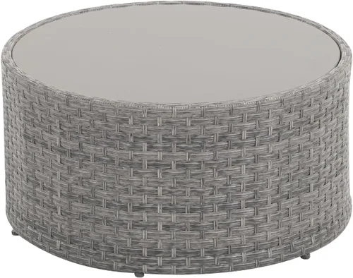 SUNSITT Mesa de centro redonda para exteriores con tapa de vidrio templado, mesa auxiliar de mimbre de mimbre de resina de ratán PE, gris