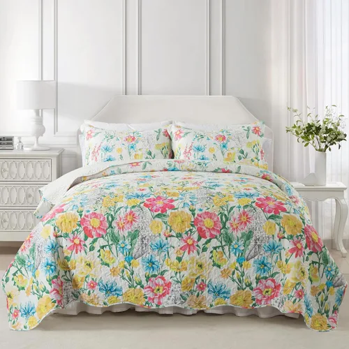 Vista 27 de NEWLAKE - Juego de cubrecama reversible de microfibra bordada con patrón floral en relieve en jacquard beige, tamaño queen