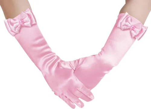 Vista 5 de Yolyoo Guantes de princesa para niñas, color blanco, largos, de satén, con lazo, para cumpleaños, boda, fiesta de disfraces