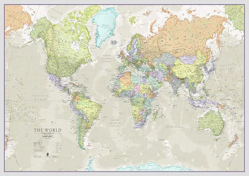 Mapa del mundo estilo clásico - Laminación de la hoja frontal - Detalle cartográfico (A0 33 x 47 pulgadas)