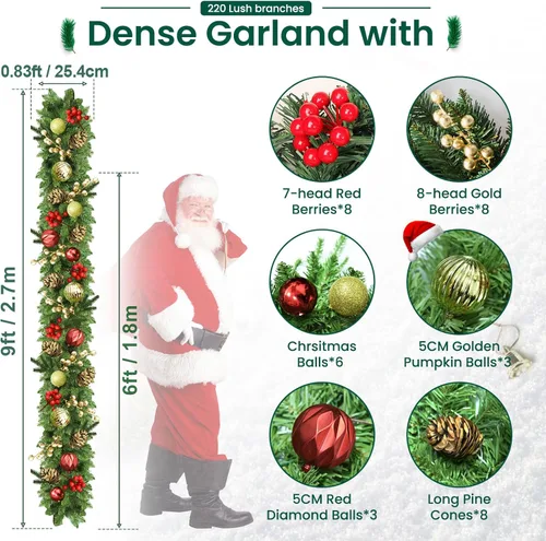 Vista 2 de Guirnalda de Navidad con luces, navideña, preiluminada, de 9 pies, funciona con pilas, corona con piñas, bayas rojas, artificial, para mantel