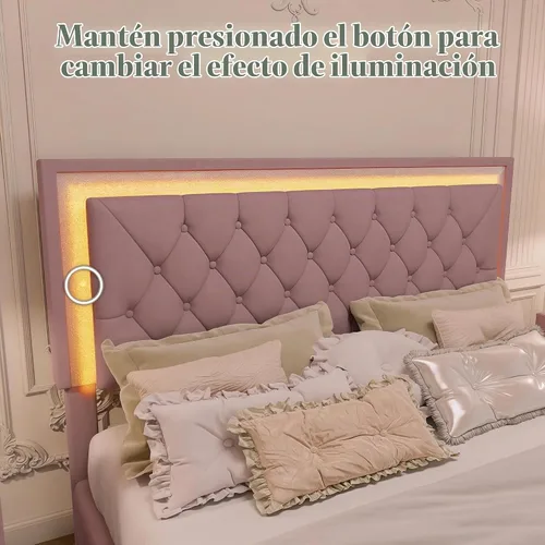 Vista 5 de Merax Cama de plataforma tapizada, tamaño Queen, tela de terciopelo LED, marco de cama de madera con luces LED y cabecera copetuda para dormitorio