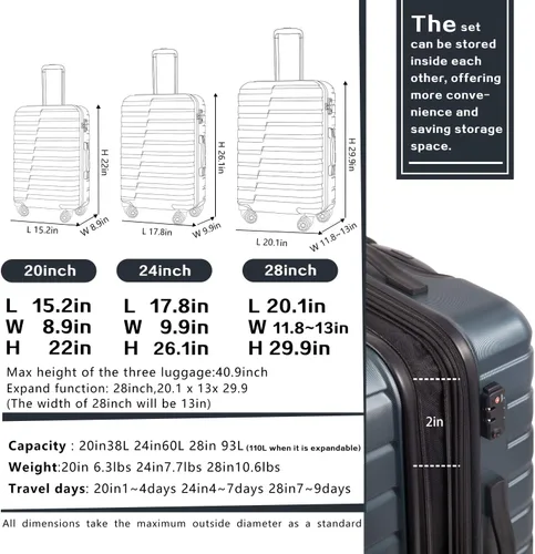 Vista 7 de COOLIFE - Juego de equipaje set de 3 valijas extensibles de PC ABS con candado TSA y ruedas giratorias Gris B07PY6P455