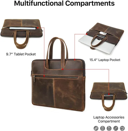 Vista 6 de Top Grain Leather - Maletín delgado para laptop de 15.4 pulgadas, diseño vintage con 5 bolsillos, hecho a mano, compatible con MacBook Pro/Air