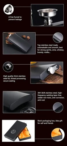 Vista 4 de Petaca de whisky de bolsillo negro mate de 12 onzas con embudo y caja, acero inoxidable y a prueba de fugas