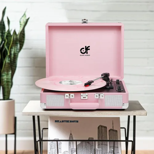 Vista 9 de Tocadiscos de maleta rosa vintage - Tocadiscos de 3 velocidades con Bluetooth, grabación USB, convertidor de MP3, altavoces, aguja