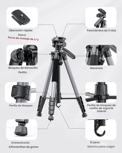 Vista 6 de CAMBOFOTO Trípode de cámara de 74", Trípode de aluminio profesional/Soporte para cámara mirrorless/DSLR/Teléfono celular/Videocámara/GoPro, con Gris